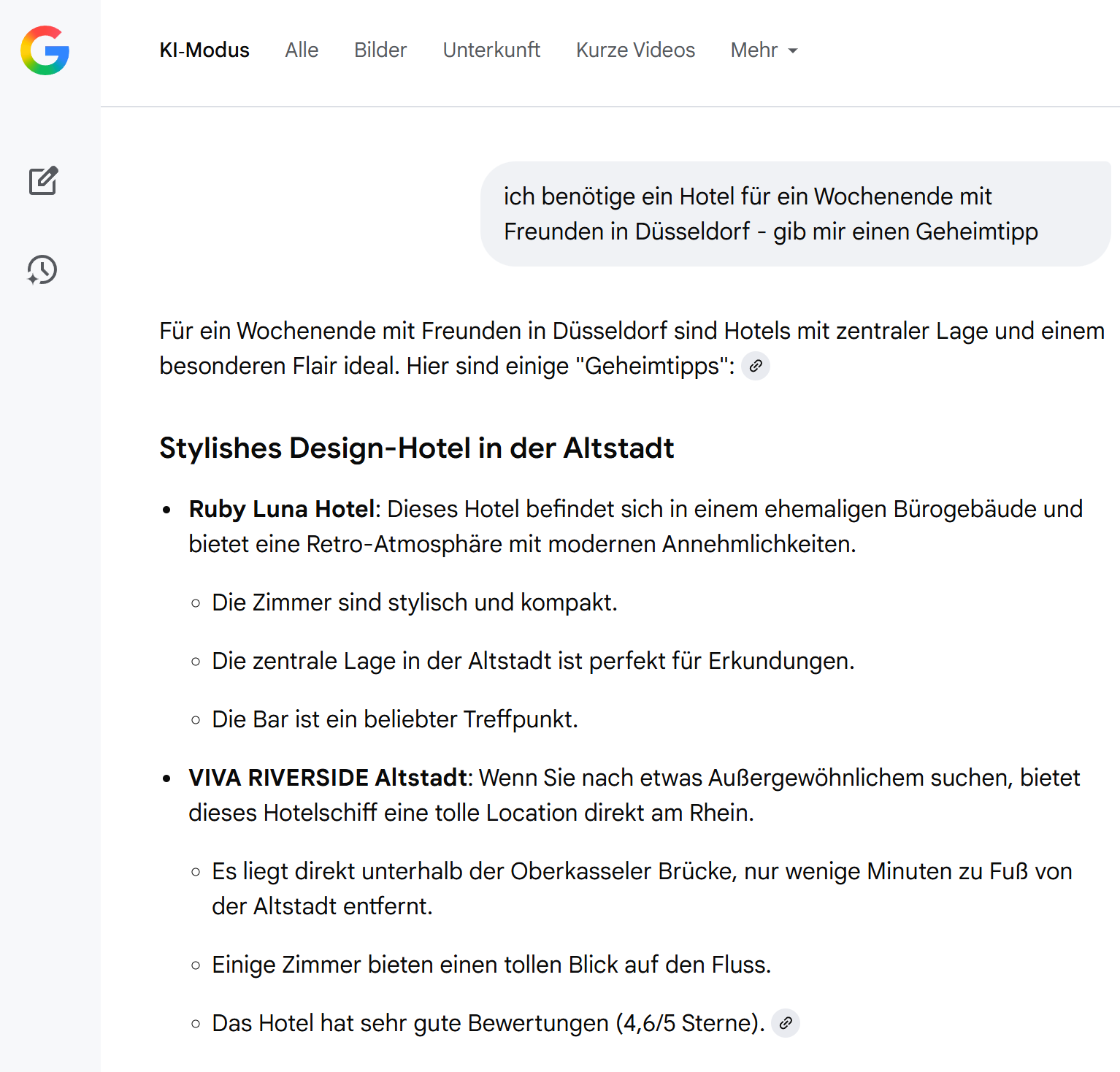 Demonstration des Google KI-Modus (oder AI Overview) um eine direkte Antwort auf die Nutzerfrage zu geben, anstatt nur eine Liste von Links anzuzeigen.